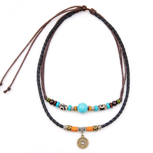 Tibetan Turquoise Dzi Beads Mantra Coin Amulet Necklace - FengshuiGallary