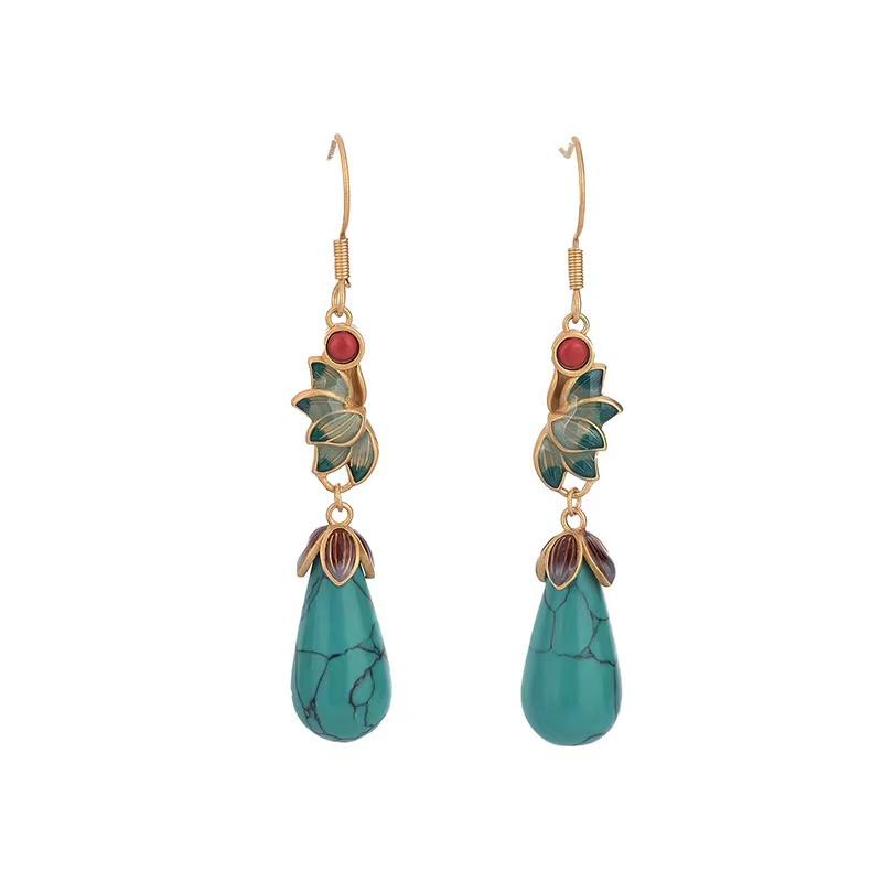 Turquoise Stone Earrings-Green Enamel - FengshuiGallary