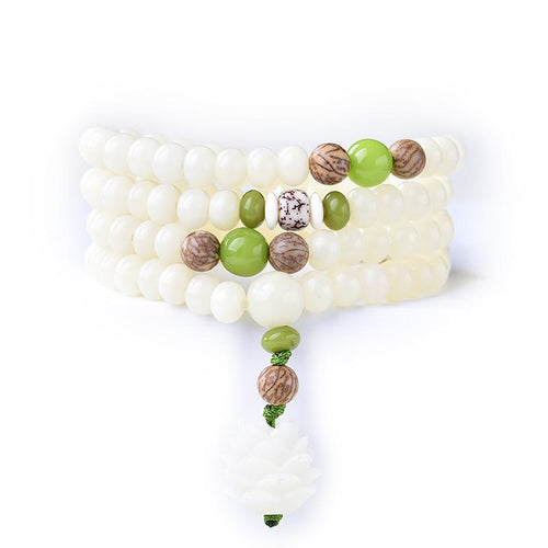 White Bodhi Root 108 Beads Lotus Prayer Bracelet - FengshuiGallary