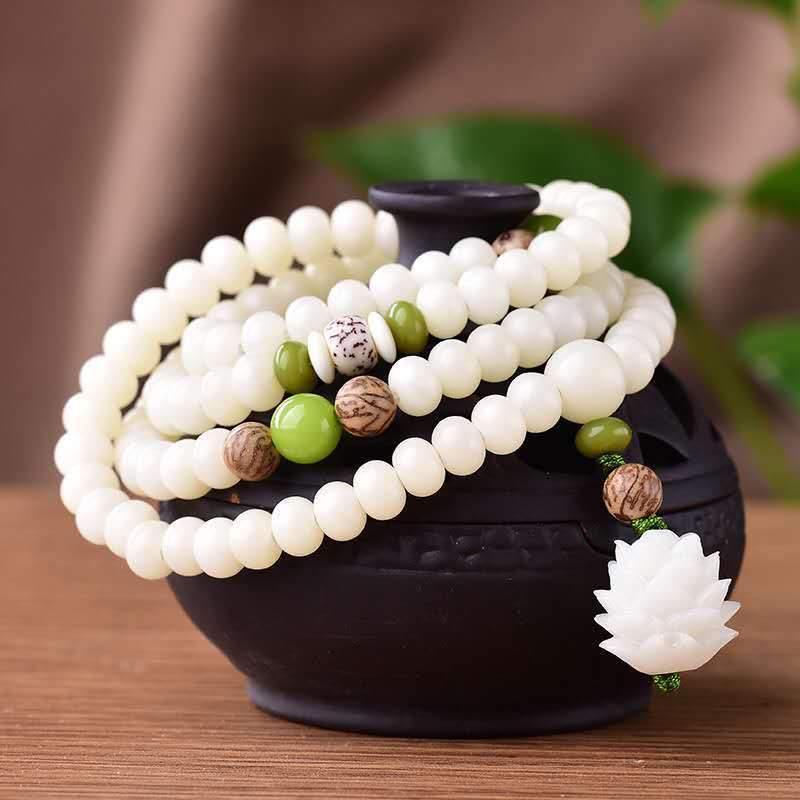 White Bodhi Root 108 Beads Lotus Prayer Bracelet - FengshuiGallary