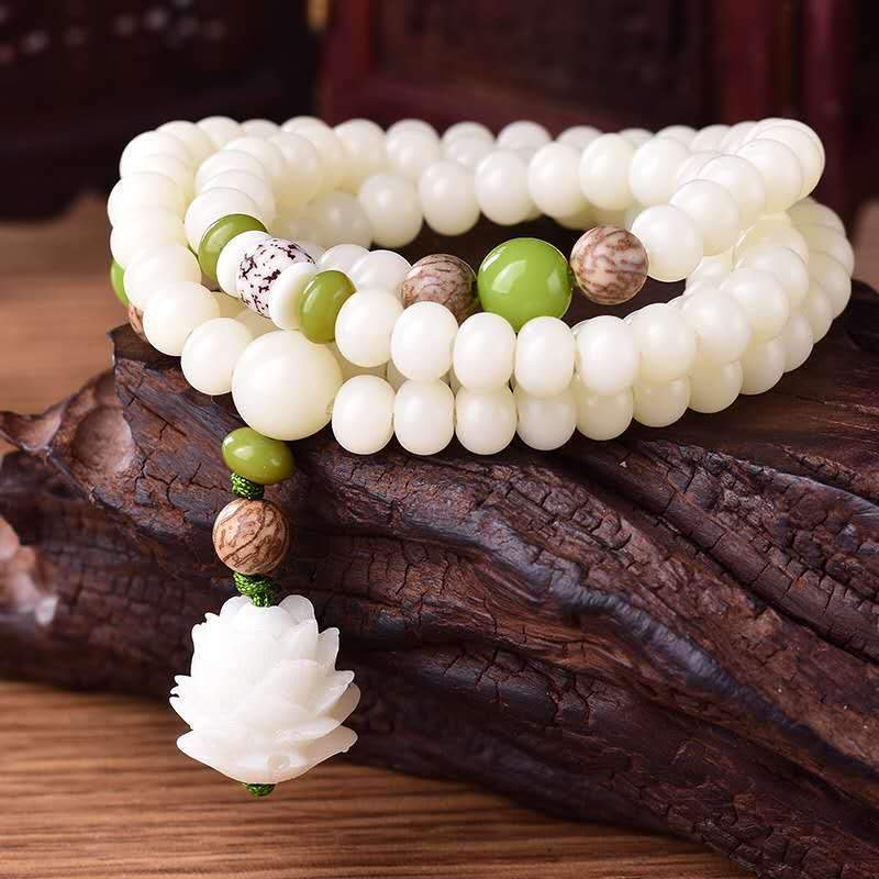 White Bodhi Root 108 Beads Lotus Prayer Bracelet - FengshuiGallary