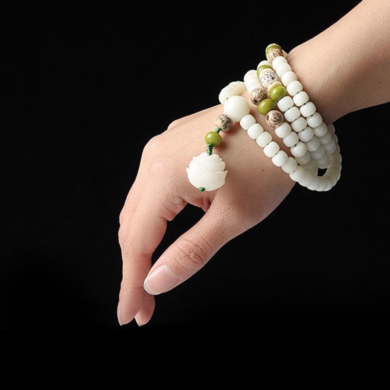 White Bodhi Root 108 Beads Lotus Prayer Bracelet - FengshuiGallary