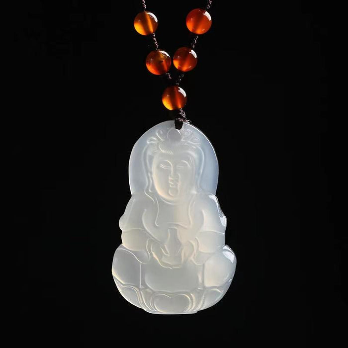 White Chalcedony Guan Yin Buddha Pendant Necklace - FengshuiGallary