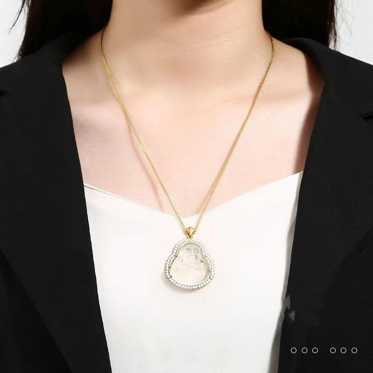 White Crystal Laughing Buddha Lucky Necklace - FengshuiGallary