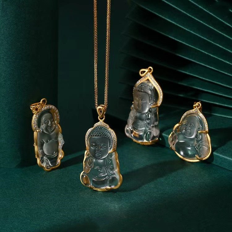 White Crystal Laughing Buddha Pendant Necklace-Long Edition - FengshuiGallary