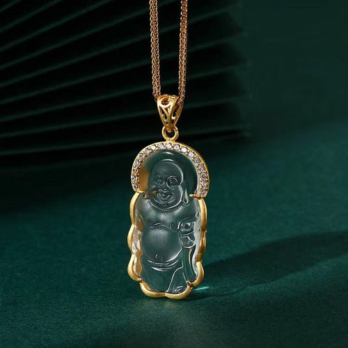 White Crystal Laughing Buddha Pendant Necklace-Long Edition - FengshuiGallary
