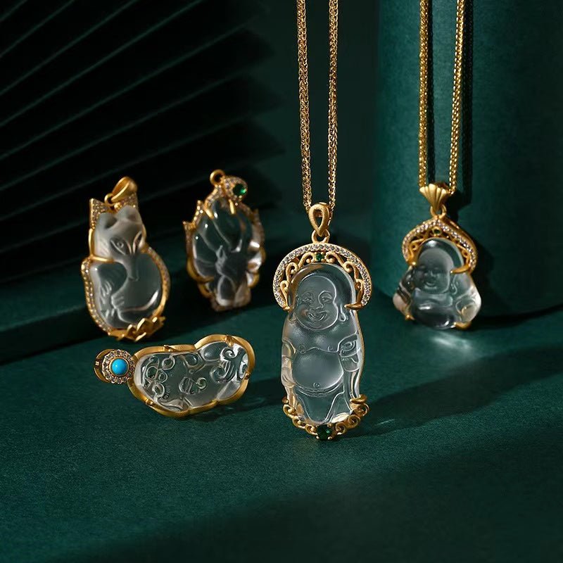 White Crystal Laughing Buddha Pendant Necklace-Zircon Crystal - FengshuiGallary