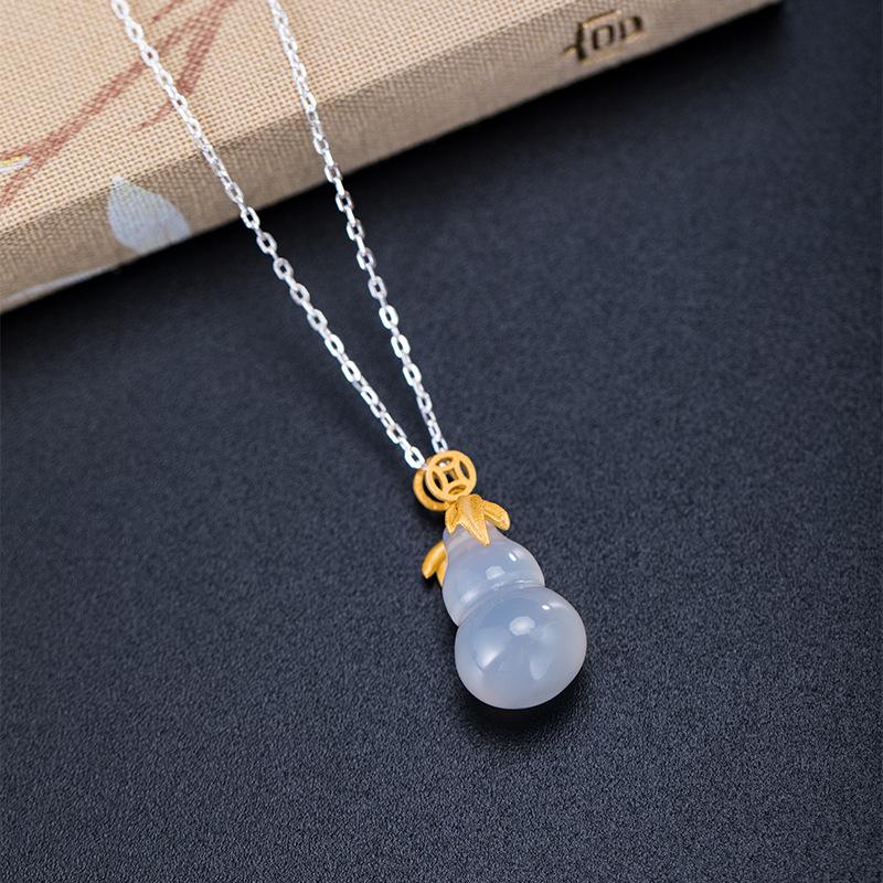 White Jade Calabash Gold Coin Knot Wealth Pendant 925 Silver Necklace - FengshuiGallary
