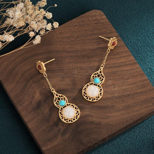 White Jade Calabash Turquoise Wealth Earrings - FengshuiGallary