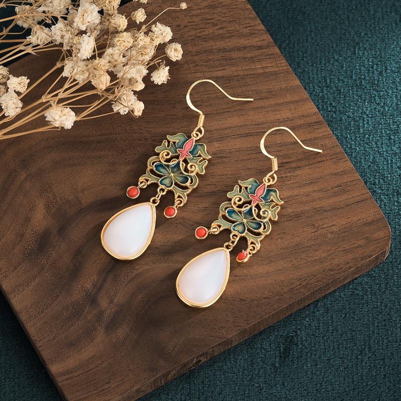 White Jade Cinnabar Beads Lucky Earring - FengshuiGallary