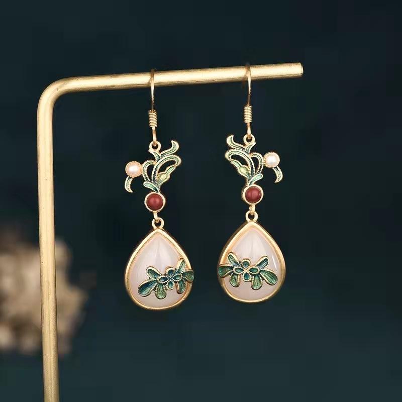 White Jade Cloisonne Wealth Earring - FengshuiGallary