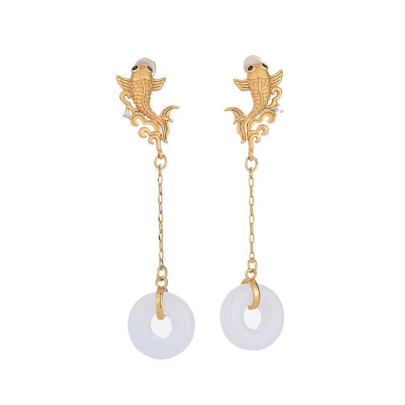 White Jade Earrings-Golden Koi Fish - FengshuiGallary