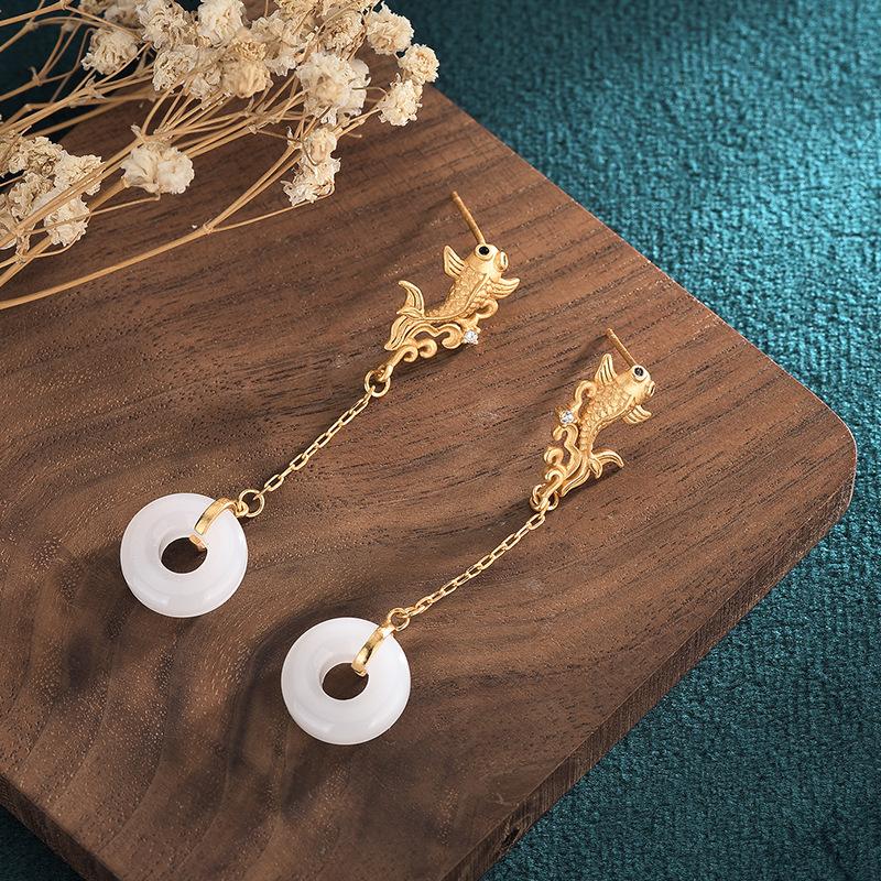 White Jade Earrings-Golden Koi Fish - FengshuiGallary