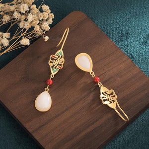 White Jade Earrings-Green Enamel Red Cinnabar Bead - FengshuiGallary