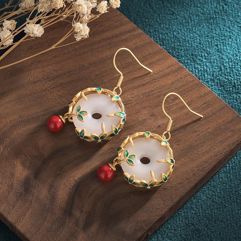White Jade Earrings-Red Agate Bead - FengshuiGallary