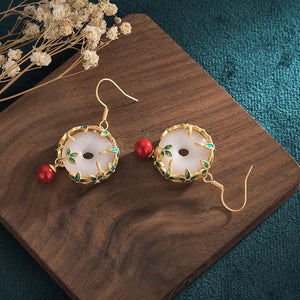 White Jade Earrings-Red Agate Bead - FengshuiGallary