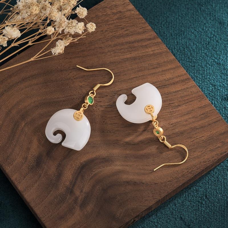 White Jade Elephant Lucky Earrings - FengshuiGallary