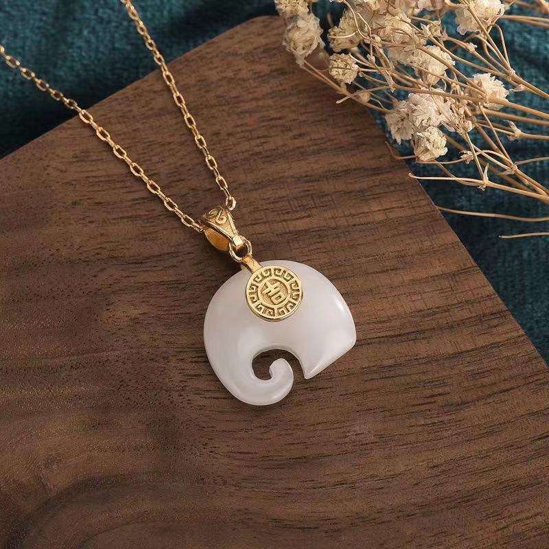 White Jade Elephant Lucky Pendant Necklace - FengshuiGallary