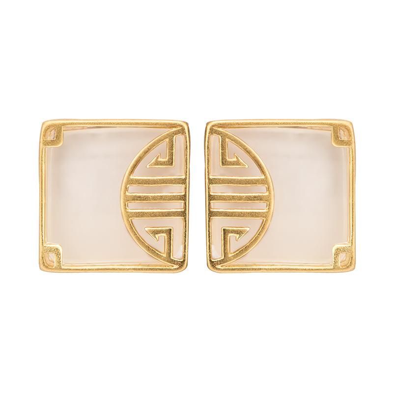 White Jade Fu Gold Wealth Earring - FengshuiGallary