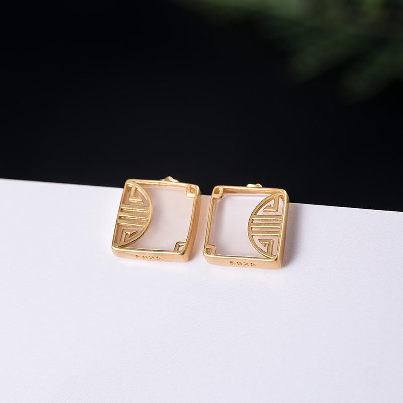 White Jade Fu Gold Wealth Earring - FengshuiGallary