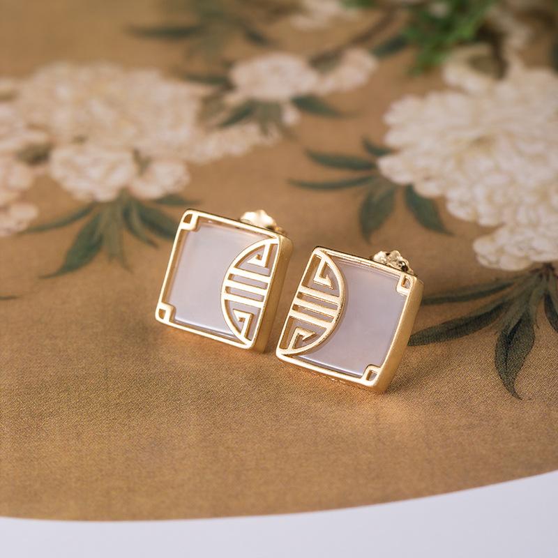 White Jade Fu Gold Wealth Earring - FengshuiGallary