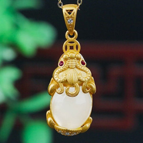 White Jade Gold Pixiu Lucky Pendant Necklace - FengshuiGallary