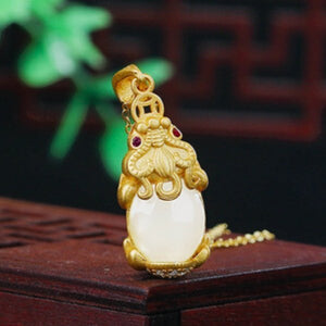 White Jade Gold Pixiu Lucky Pendant Necklace - FengshuiGallary
