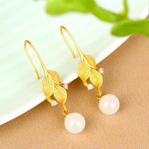 White Jade Golden Leaf Wealth Earrings - FengshuiGallary