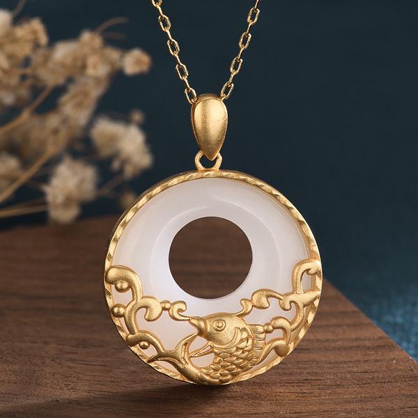 White Jade Koi Fish Feng Shui Wealth Gold Pendant Necklace - FengshuiGallary