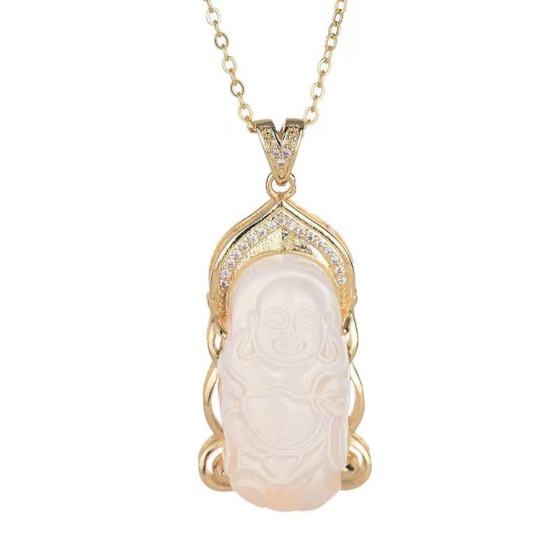 White Jade Laughing Buddha Necklace - FengshuiGallary