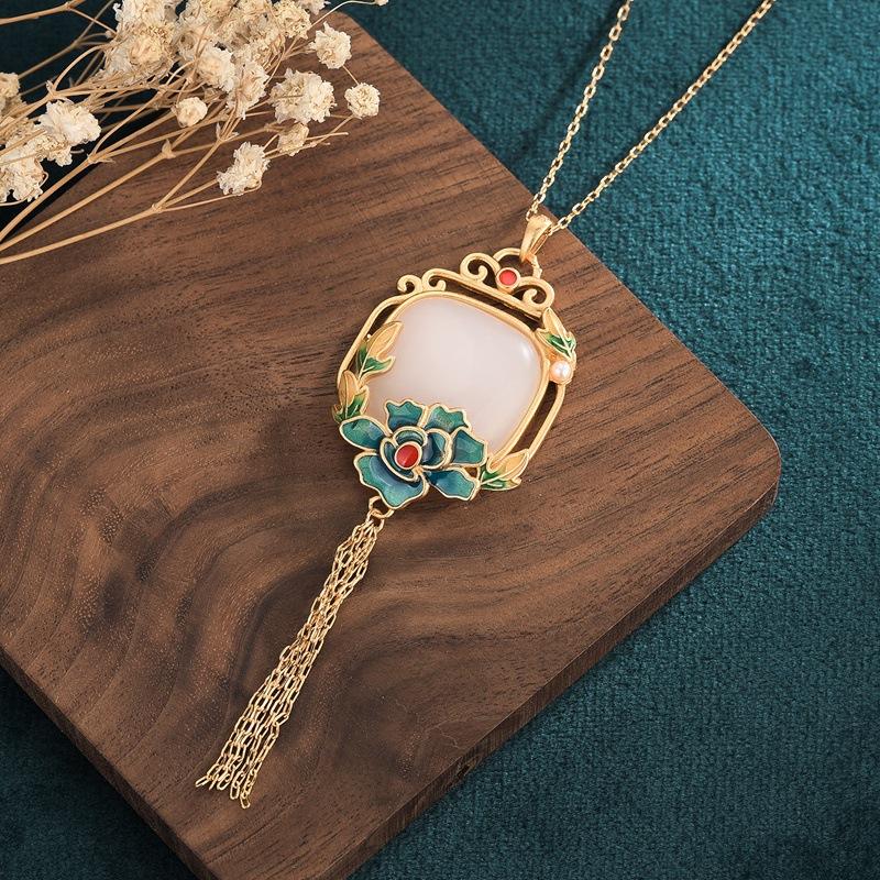 White Jade Lotus Flower Tassel Lucky Pendant Necklace - FengshuiGallary