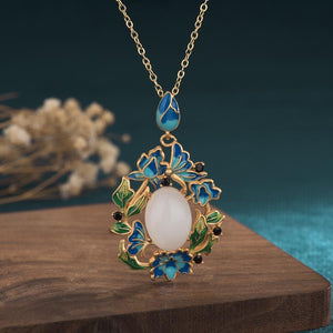 White Jade Lucky Pendant Necklace-Blue Enamel Orchid Flower - FengshuiGallary