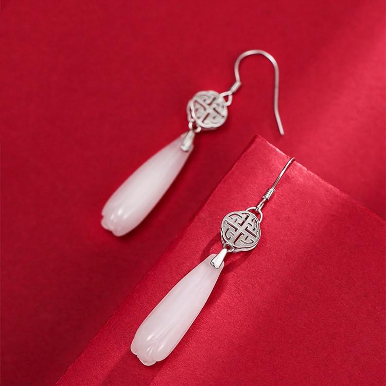 White Jade Magnolia Flower Silver Earrings - FengshuiGallary