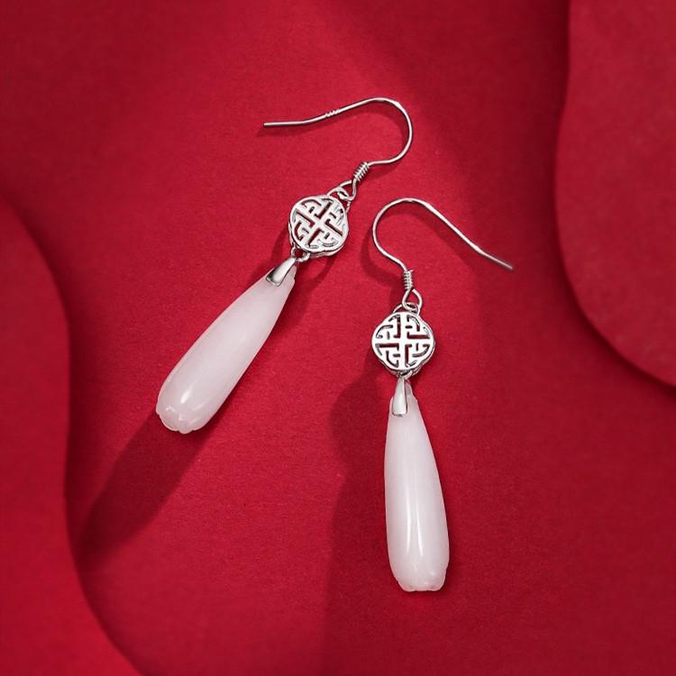 White Jade Magnolia Flower Silver Earrings - FengshuiGallary