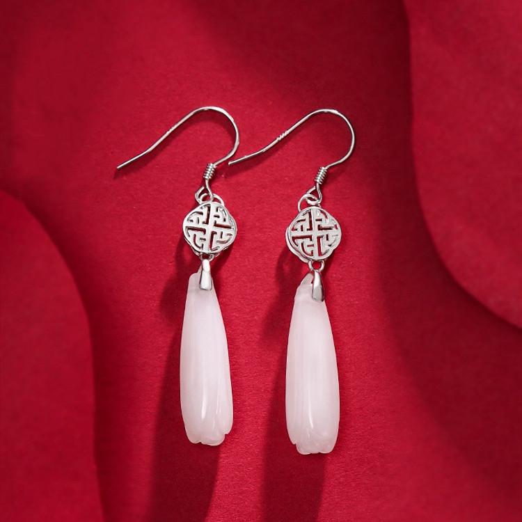 White Jade Magnolia Flower Silver Earrings - FengshuiGallary