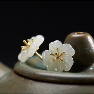 White Jade Plum Flower Stud Earrings - FengshuiGallary