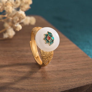 White Jade Ring-Lotus Enamel - FengshuiGallary