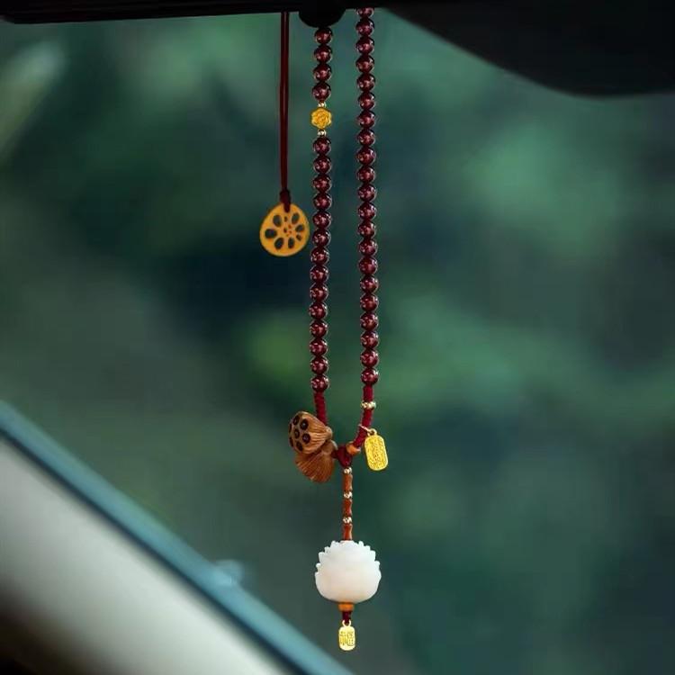 White Lotus Cinnabar Bead Car Pendant - FengshuiGallary