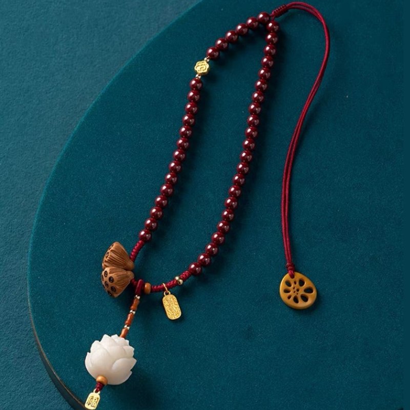 White Lotus Cinnabar Bead Car Pendant - FengshuiGallary